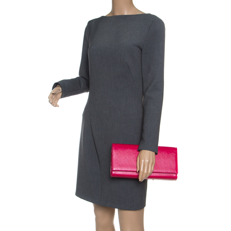 Pre Owned Saint Laurent Fuschia Patent Leather Cassandre Clutch