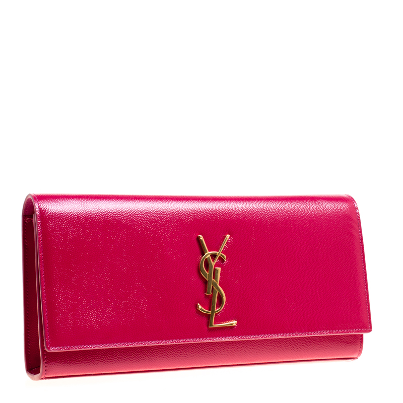 Pre Owned Saint Laurent Fuschia Patent Leather Cassandre Clutch