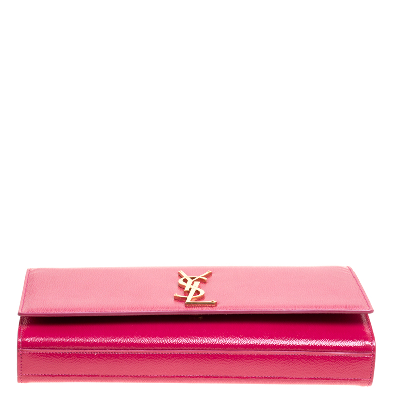 Pre Owned Saint Laurent Fuschia Patent Leather Cassandre Clutch