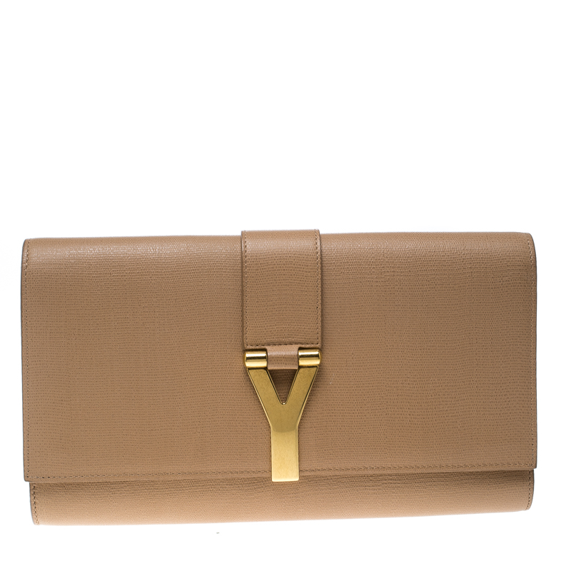 Pre Owned Saint Laurent Beige Leather Large Chyc Clutch