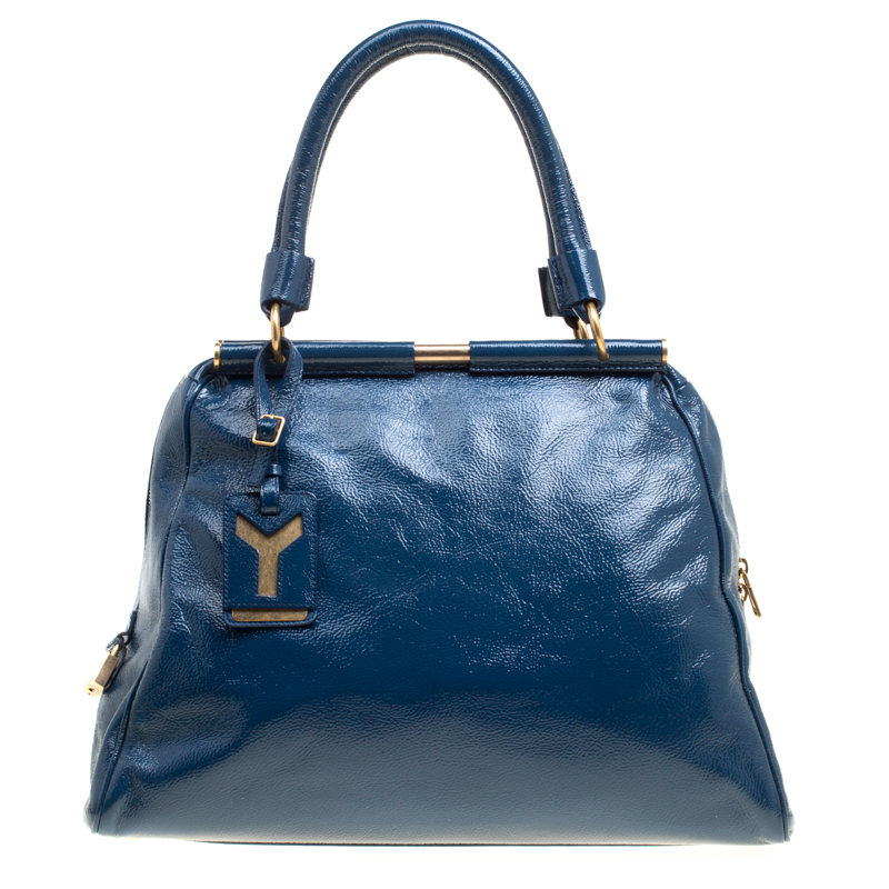 Pre Owned Saint Laurent Blue Patent Leather Medium Majorelle Satchel