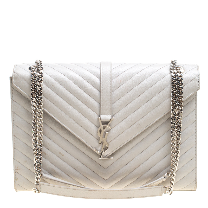 مملوكة مسبقًا Saint Laurent Grey Leather Monogram Envelope Shoulder Bag