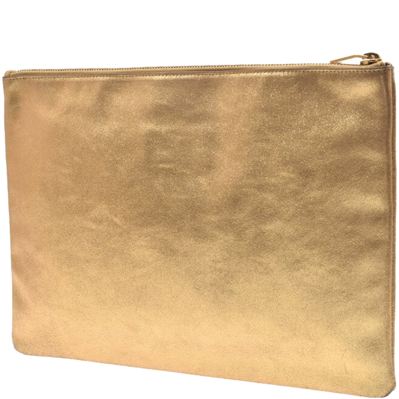 

Saint Laurent Paris Gold Leather Zip Clutch Bag