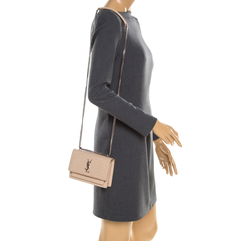 

Saint Laurent Beige Croc Embossed Leather Sunset Shoulder Bag