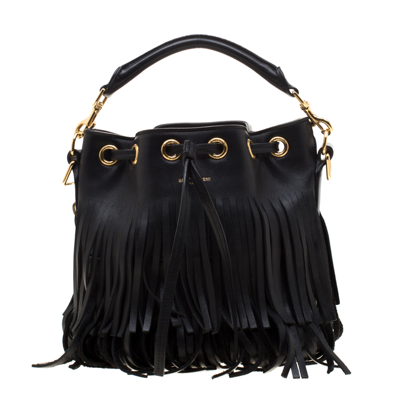 Pre Owned Saint Laurent Black Leather Small Emmanuelle Fringed Bucket Bag