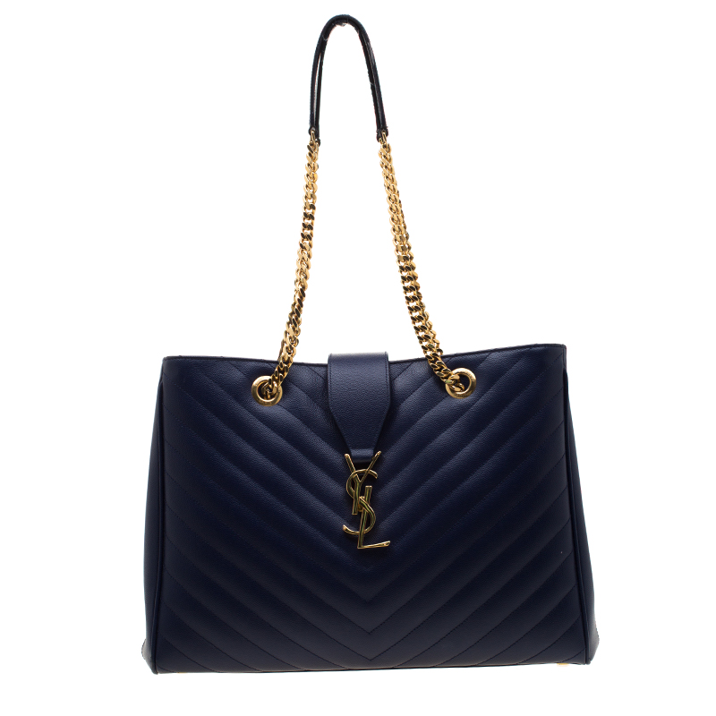 مملوكة مسبقًا Saint Laurent Blue Matelasse Leather Cassandre Shopper Tote