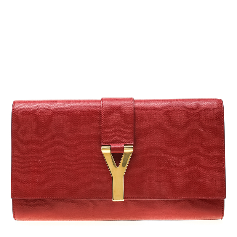 Pre Owned Saint Laurent Red Leather Large Chyc Clutch