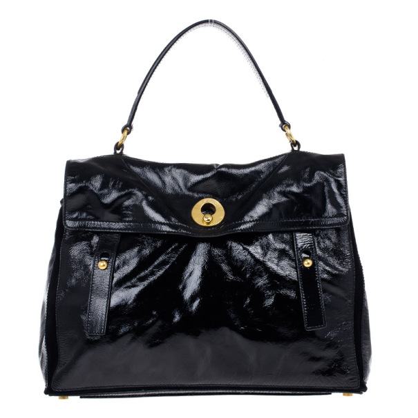 Saint Laurent Paris Black Patent Leather and Suede Large Muse Two Bag