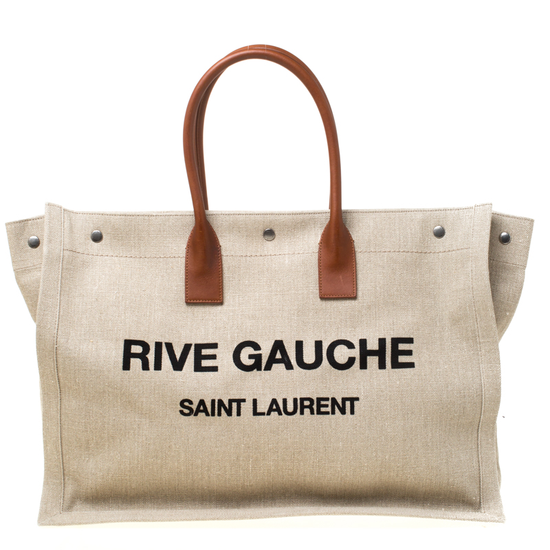 Saint Laurent Paris Beige/Tan Linen and Leather Rive Gauche Tote 