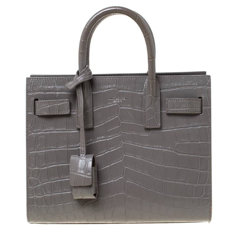 Pre Owned Saint Laurent Grey Croc Embossed Leather Nano Classic Sac De Jour Tote