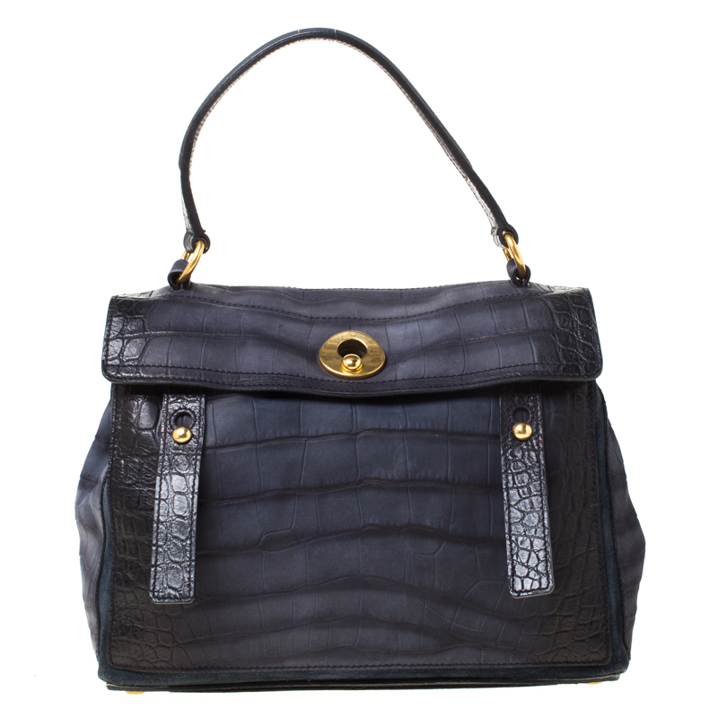 Saint Laurent Paris Navy Blue Croc Embossed Leather Medium Muse Two Satchel