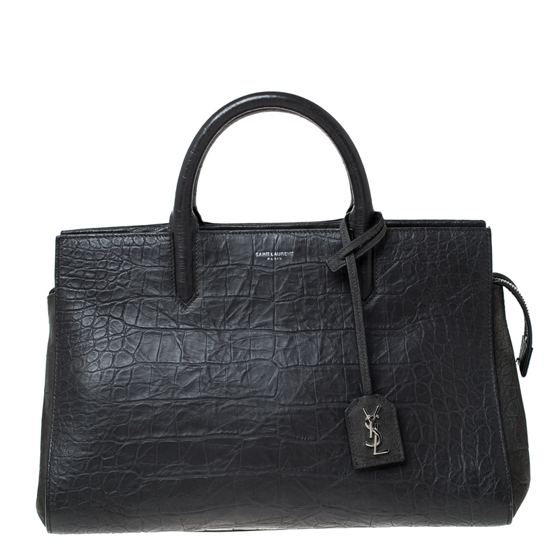 Pre Owned Saint Laurent Paris Dark Grey Crocodile Embossed Leather and Suede Small Cabas Rive Gauche Tote