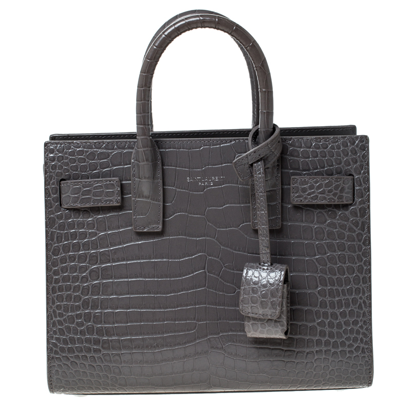 مملوكة مسبقًا Saint Laurent Grey Croc Embossed Leather Nano Classic Sac De Jour Tote