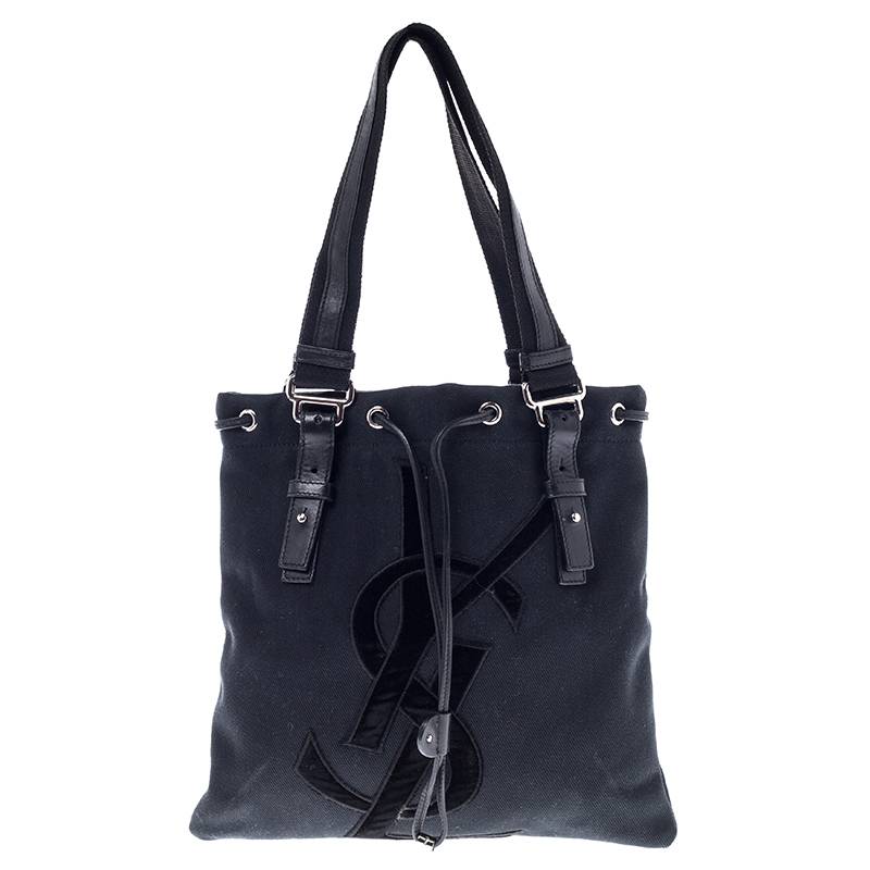 مملوكة مسبقًا Saint Laurent Paris Black Canvas and Velvet Drawstring Kahala Tote