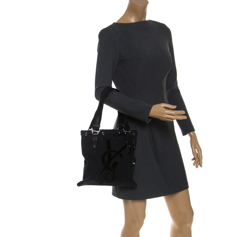 

Saint Laurent Paris Black Canvas and Velvet Drawstring Kahala Tote