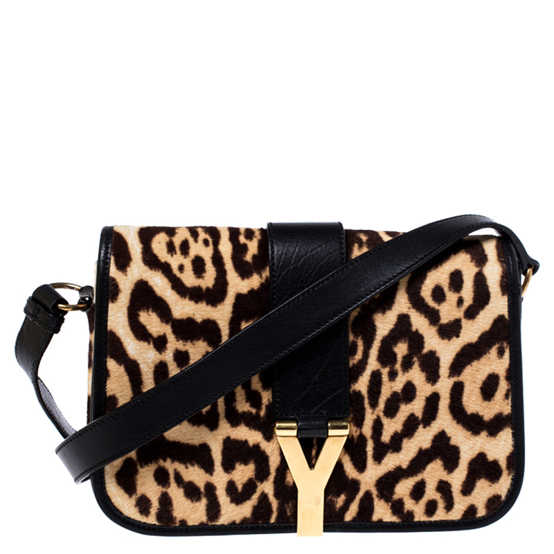 Pre Owned Saint Laurent Beige/Black Calfhair and Leather Ligne Y Charm Crossbody Bag