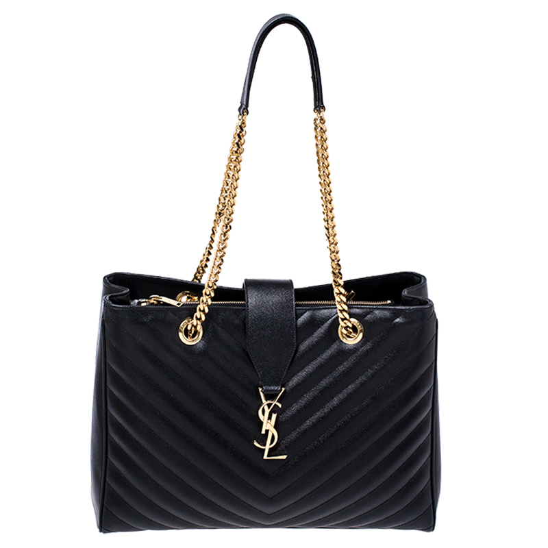 Pre Owned Saint Laurent Black Matelasse Leather Cassandre Shopper Tote