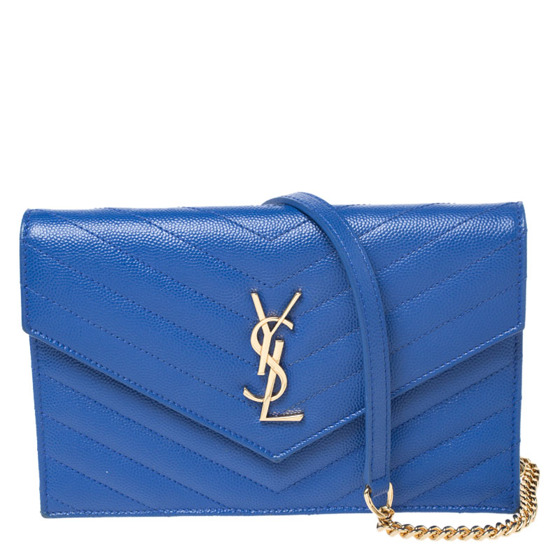 مملوكة مسبقًا Saint Laurent Paris Blue Chevron Leather Monogram Envelope Wallet On Chain
