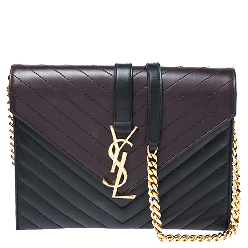 Saint Laurent Paris Black/Maroon Matelasse Leather Small Envelope Chain Shoulder Bag