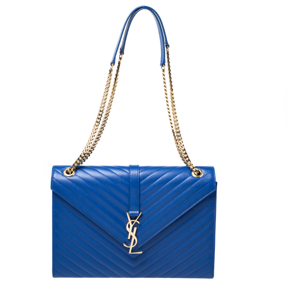 Saint Laurent Blue Chevron Leather Monogram Envelope Shoulder Bag