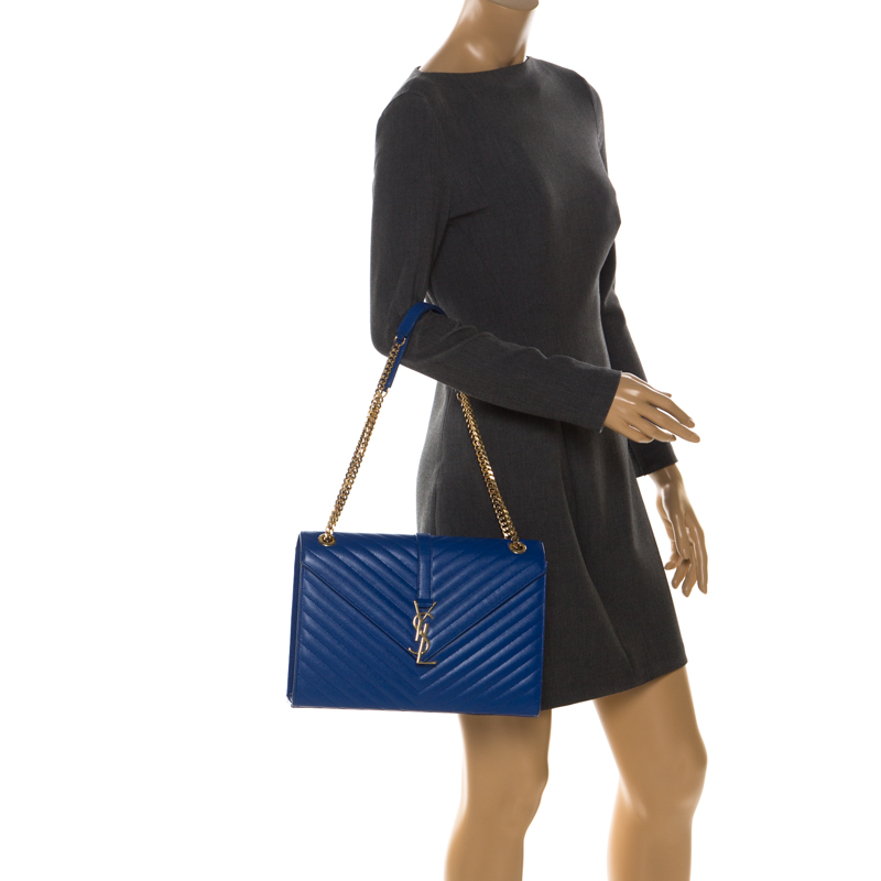 

Saint Laurent Blue Chevron Leather Monogram Envelope Shoulder Bag