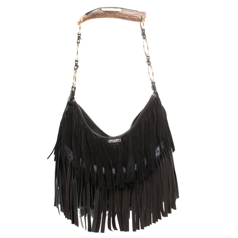 Saint Laurent Paris Black Suede Fringe Mombasa Hobo