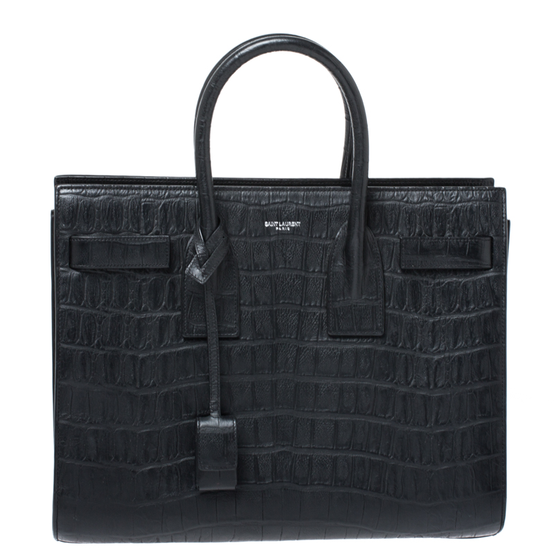 Saint Laurent Black Croc Embossed Leather Small Classic Sac De Jour Tote