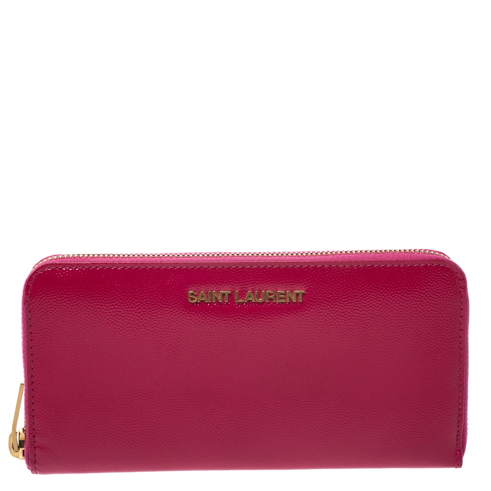 مملوكة مسبقًا محفظة سان لوران جلد فوشيا لامع بسحاب محيط