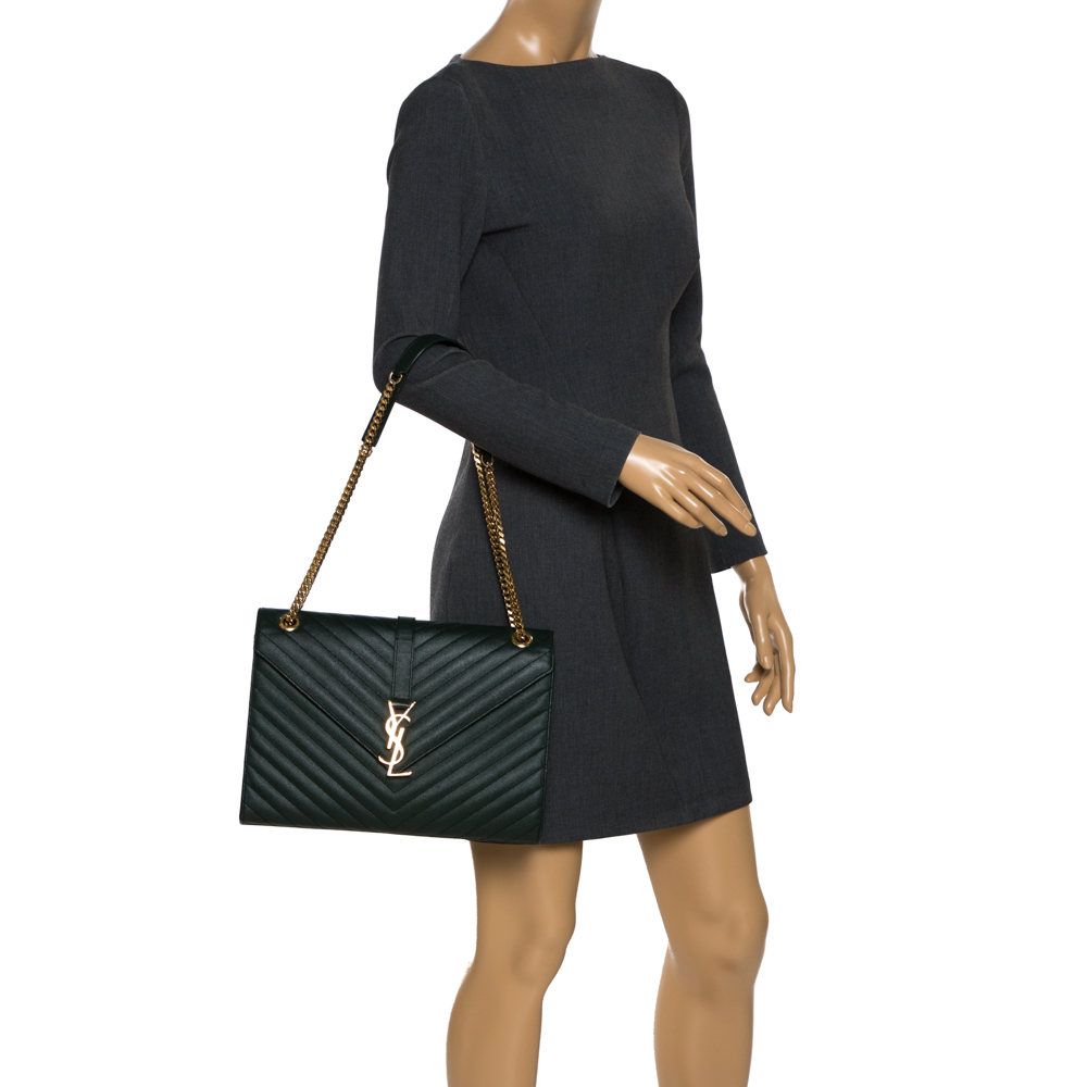 

Saint Laurent Dark Green Matelasse Leather Large Cassandre Flap Bag