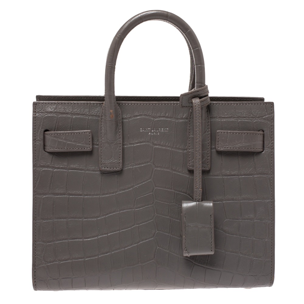 Pre Owned Saint Laurent Grey Croc Embossed Leather Nano Classic Sac De Jour Tote