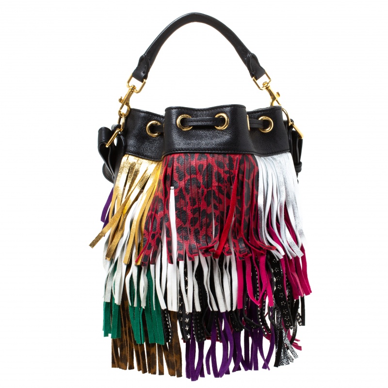 Saint Laurent Black Leather And Multi-colored Suede Medium 'emanuelle' Fringe  Bucket Bag In Black / Silver / Purple / Green