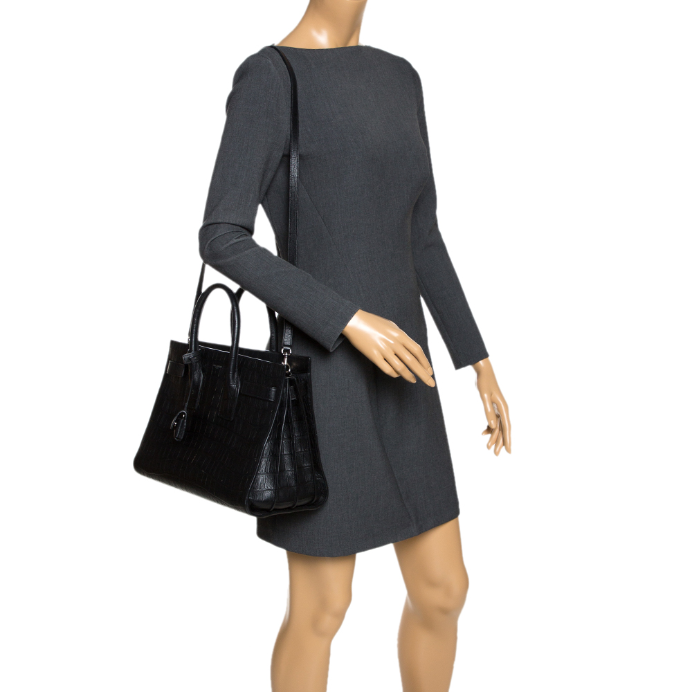 

Saint Laurent Black Croc Embossed Leather Small Classic Sac De Jour Tote