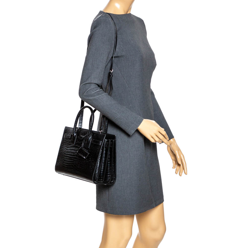 

Saint Laurent Black Croc Embossed Leather Baby Classic Sac De Jour Tote