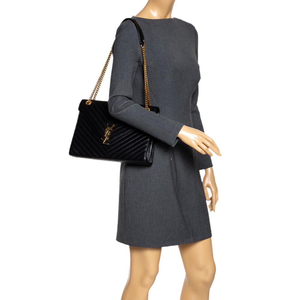 

Saint Laurent Black Chevron Quilted Leather Monogram Envelope Shoulder Bag