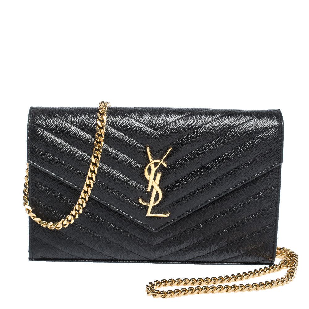 Pre Owned Saint Laurent Paris Black Leather Monogram Wallet On Chain