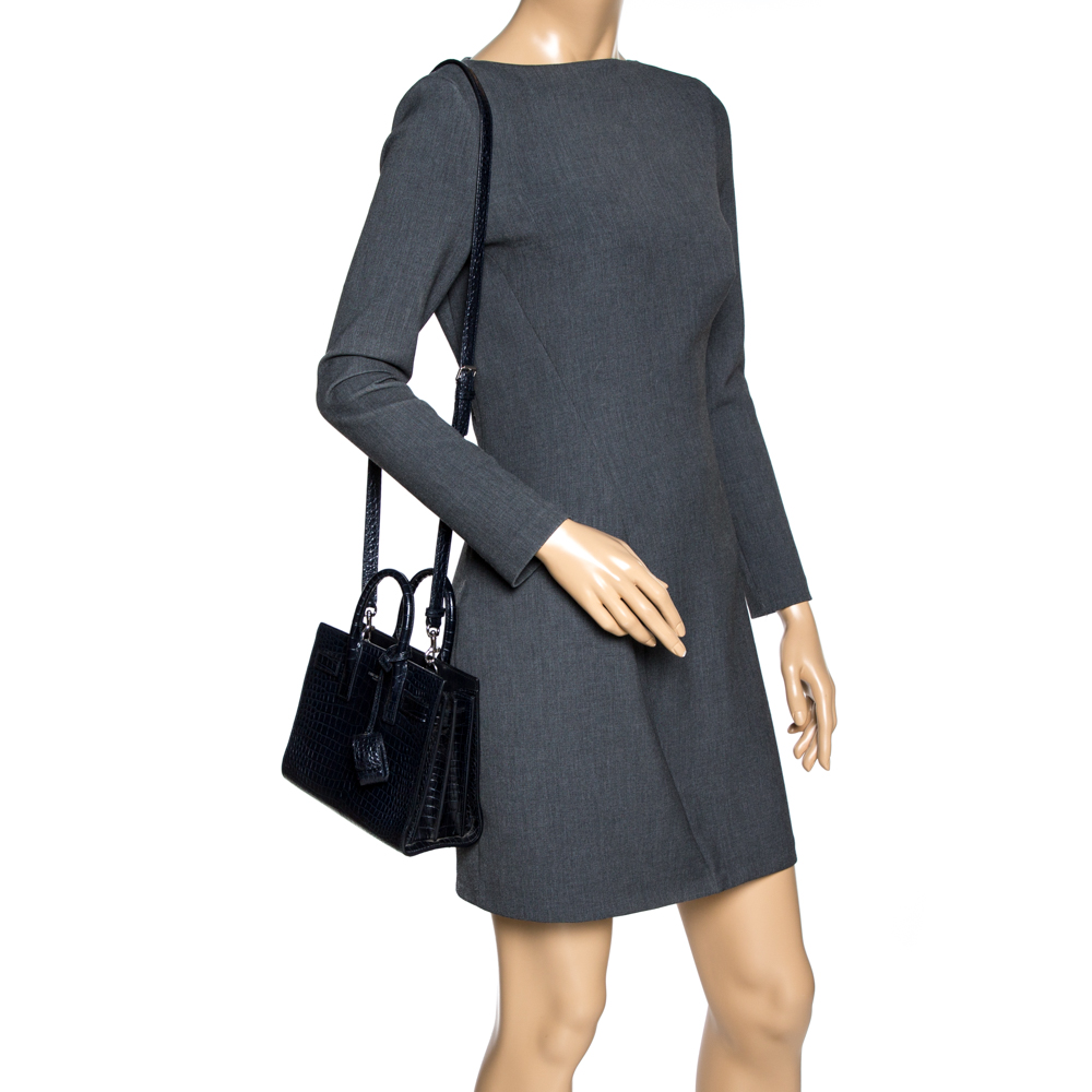 

Saint Laurent Navy Blue Croc Embossed Leather Nano Classic Sac De Jour Tote