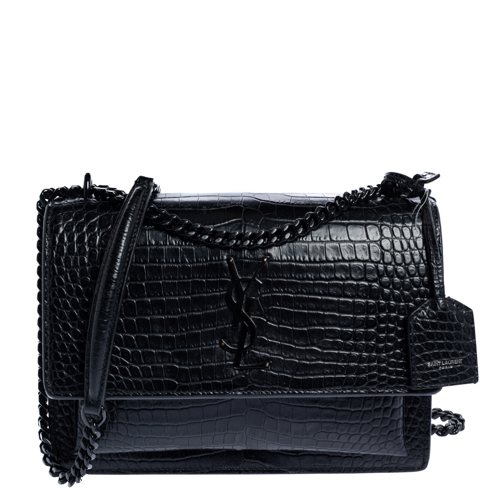 Saint Laurent Black Croc Embossed Leather Medium Sunset Shoulder Bag ...