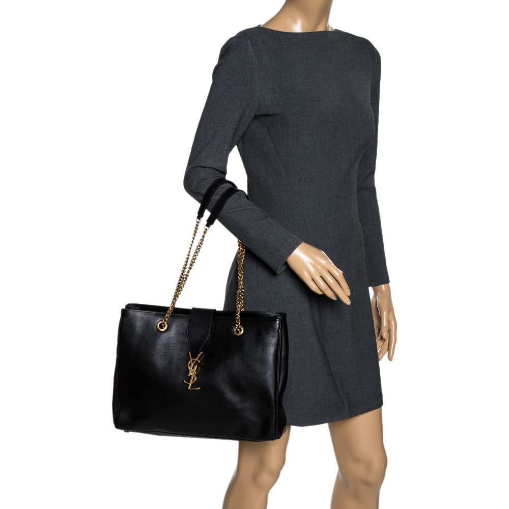 

Saint Laurent Black Leather Cassandre Chain Strap Shopper Tote
