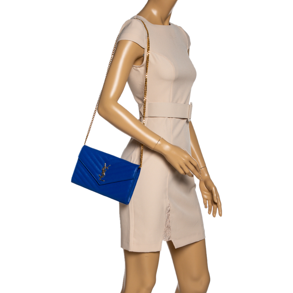 

Saint Laurent Blue Matelasse Leather Monogram Envelope Wallet on Chain