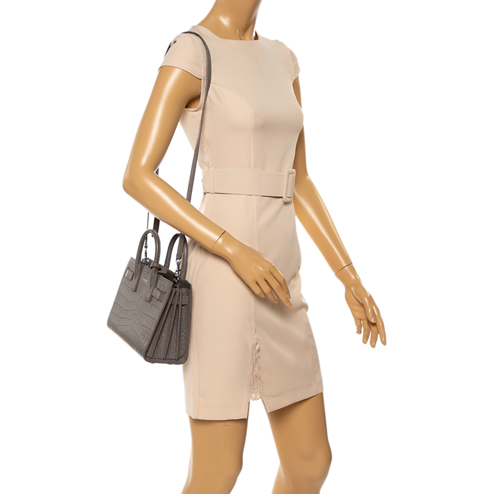 

Saint Laurent Grey Croc Embossed Leather Nano Classic Sac De Jour Tote