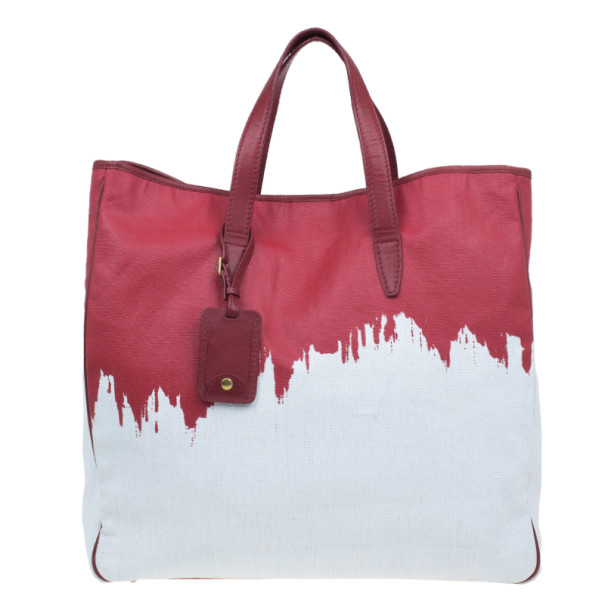 Pre Owned Saint Laurent Paris Red and White Canvas Raspail Tote