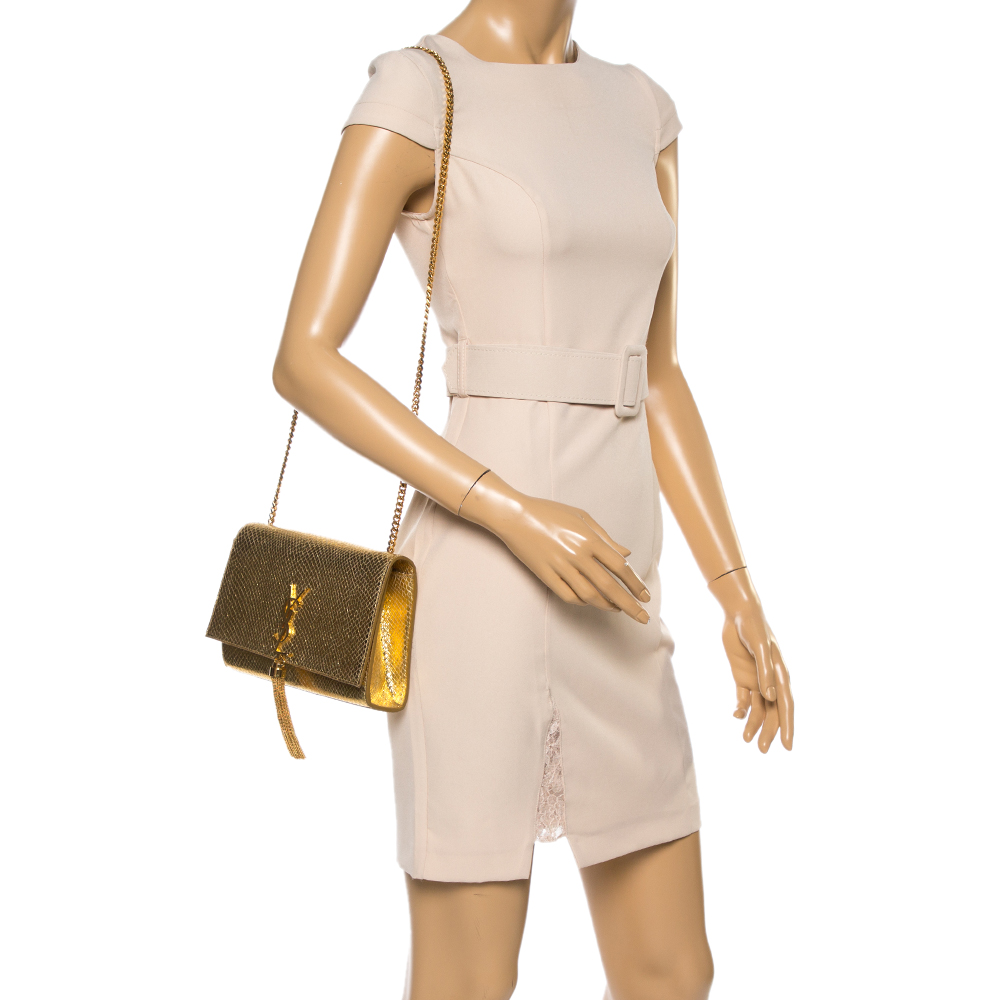 

Saint Laurent Gold Python Embossed Leather Kate Monogram Shoulder Bag