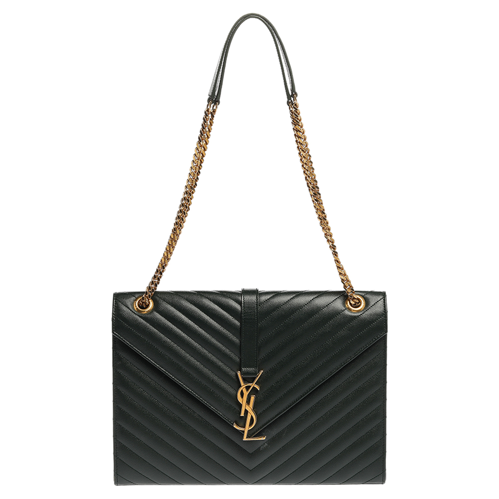 Pre Owned Saint Laurent Dark Green Chevron Quilted Leather Monogram Envelope Shoulder Bag