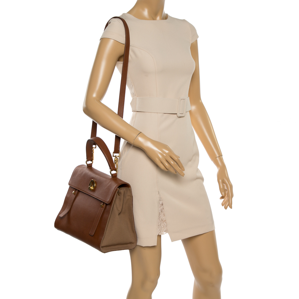 

Saint Laurent Brown Leather and Canvas Medium Muse Two Top Handle Bag