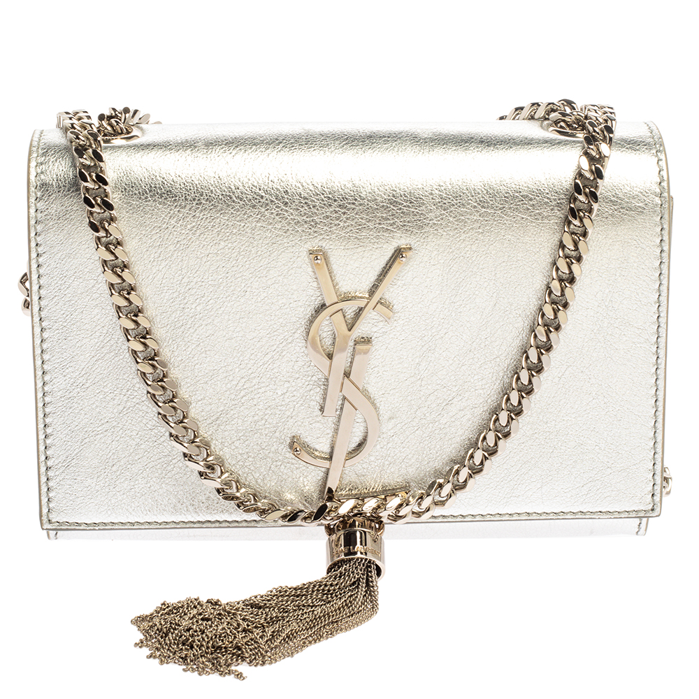 Saint Laurent Metallic Silver Leather Small Kate Tassel Crossbody Bag