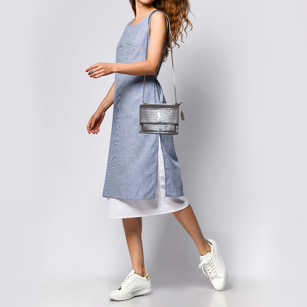 

Saint Laurent Grey Croc Embossed Leather Medium Sunset Shoulder Bag