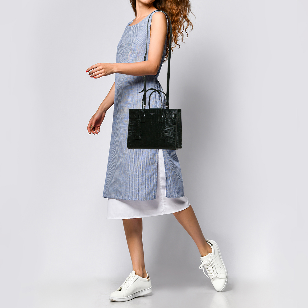 

Saint Laurent Military Green Croc Embossed Leather Baby Classic Sac De Jour Tote