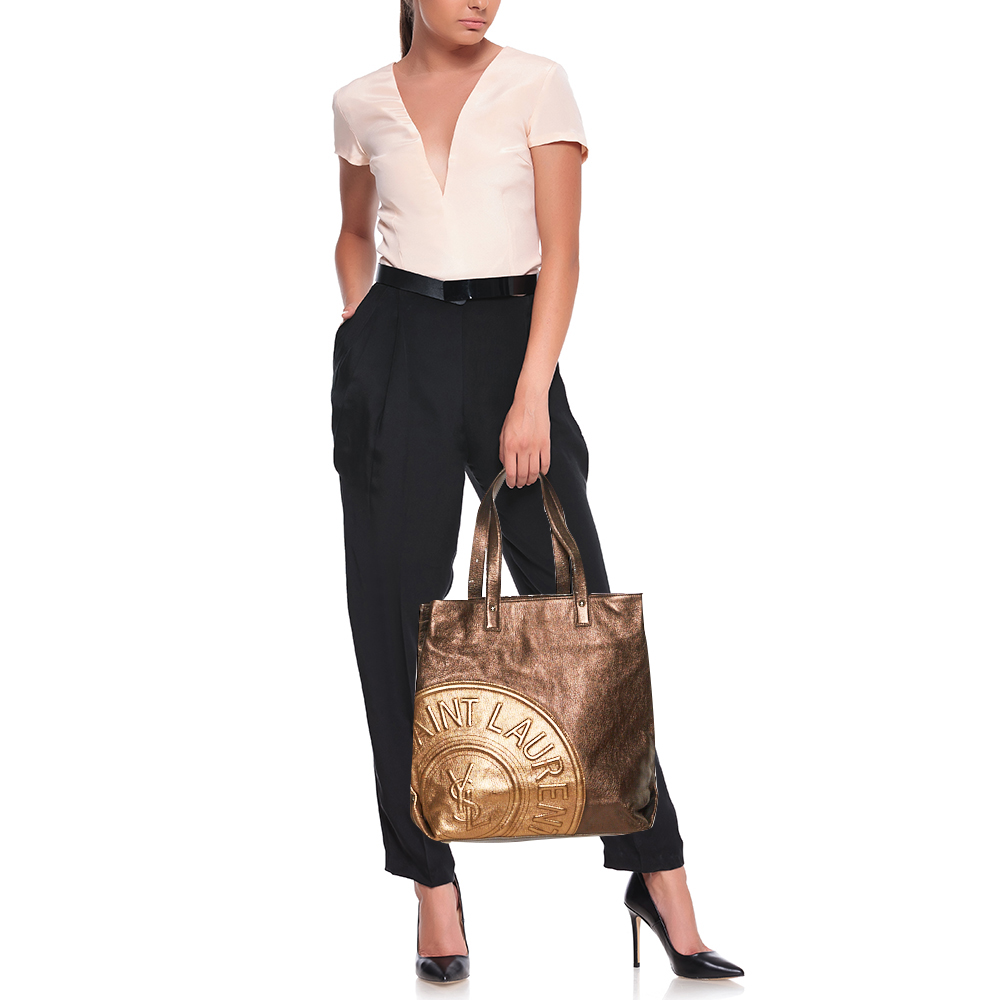 

Saint Laurent Metallic Brown/Gold Leather Logo Embossed Tote