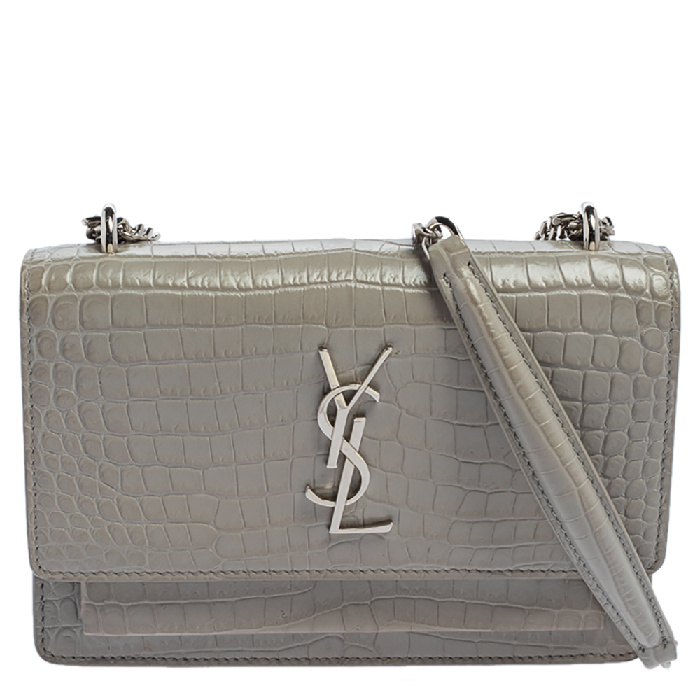 Saint Laurent Grey Croc Embossed Leather Mini Sunset Chain Bag - Handbag | Pre-owned & Certified | used Second Hand | Unisex