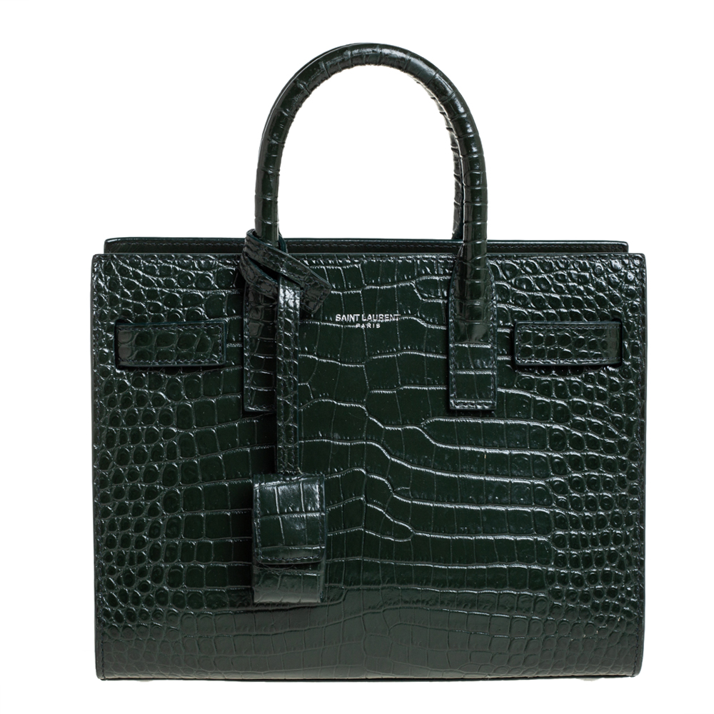 Pre-owned Saint Laurent Green Croc Embossed Leather Nano Classic Sac De Jour Tote